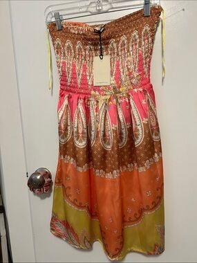 Elan Strapless Mixed Pink, Brown, Orange & Yellow Paisley Dress